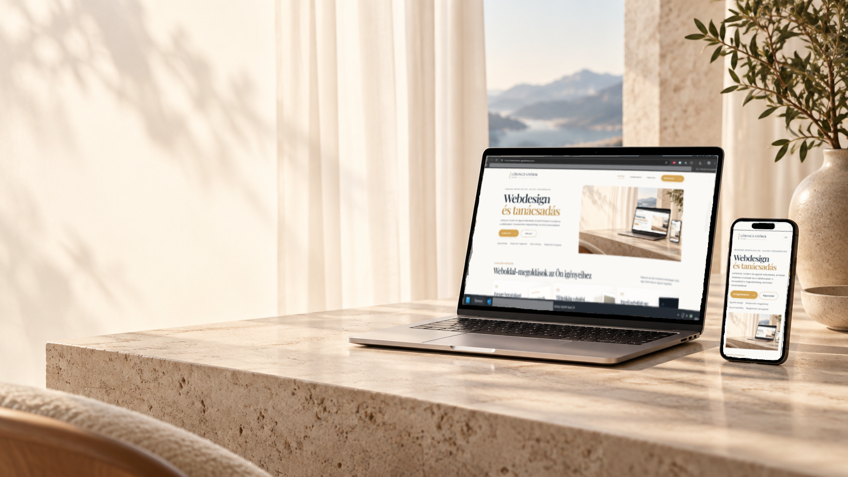 Elegáns laptop és telefon egy világos stúdióban